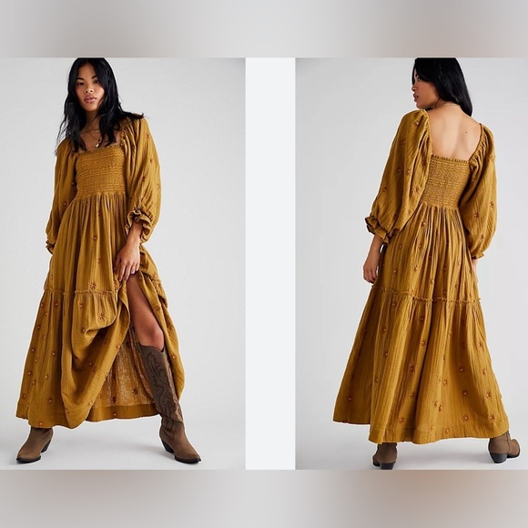 FREE PEOPLE SMOCKED EMBROIDERED GAUZY MAXI DRESS PUFF SLEEVES OLIVE MEDIUM NWT - Picture 1 of 14